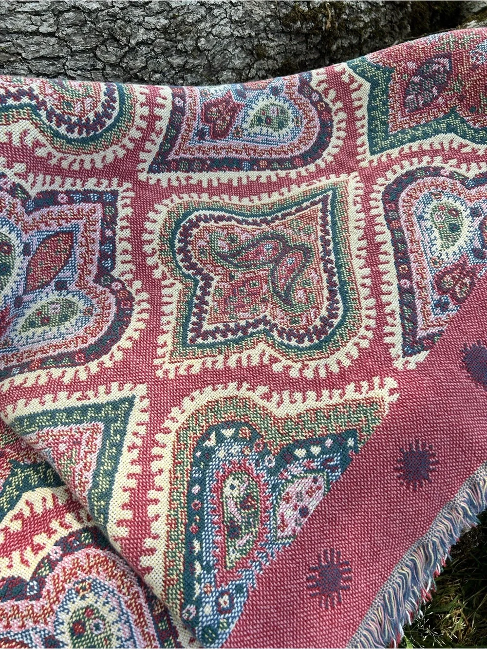 Vintage Patterned Boho Woven Throw Blanket - Teal, Pink, Cream
